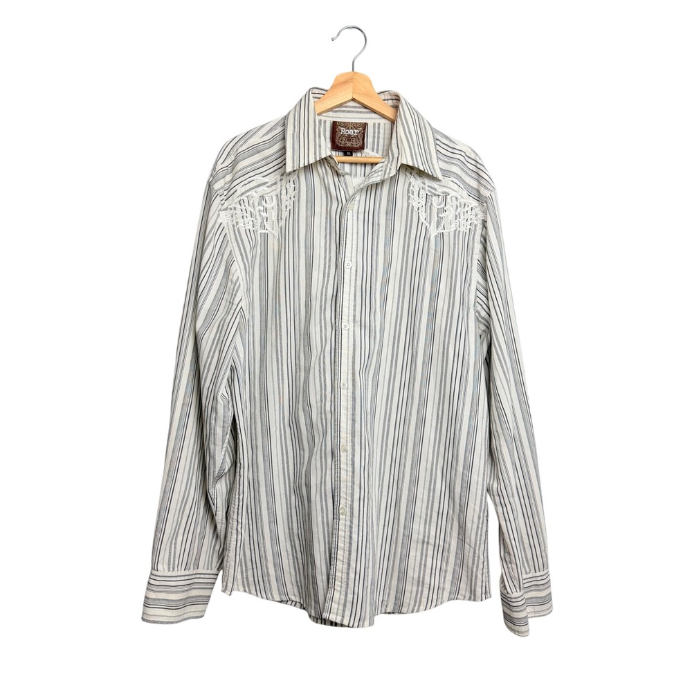 Roar Womens 2XL White Black‎ Striped Embroidered Western Button Down Shirt